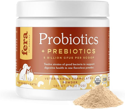 Fera Pet Organics Probiotics for Dogs & Cats - Vet Created - Cat & Dog Probiotic Supplement - 12 Strains & Prebiotics for Pet’s Digestion - 60 Scoops