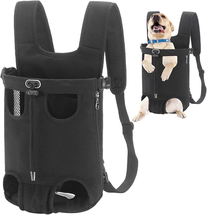 Dog Carrier Backpack, Legs Out Easy-Fit Dog Front Carrier Adjustable Breathable Pet Bag Double Shoulder Backpacks for Travel Hiking Walking Cycling Outdoor Use Black-Large