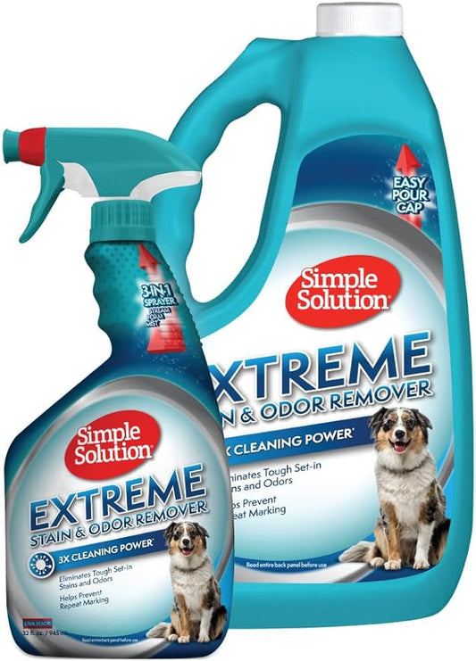 Simple Solution Extreme Pet Stain and Odor Eliminator Spray for Dogs and Cats, Enzymatic Cleaner With 3X Pro-Bacteria Cleaning Power, 32 oz + 1 Gallon Bundle