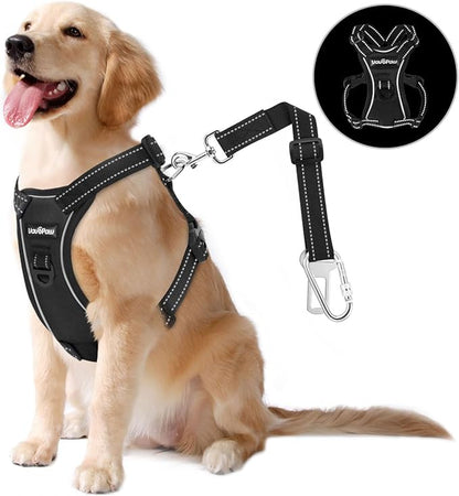 Dog Vehicle Safety Vest Harness, Adjustable Soft Padded Mesh Car Seat Belt Leash Harness with Reflective Strip Travel Strap and Carabiner for Most Cars, L Size, Carbon Black