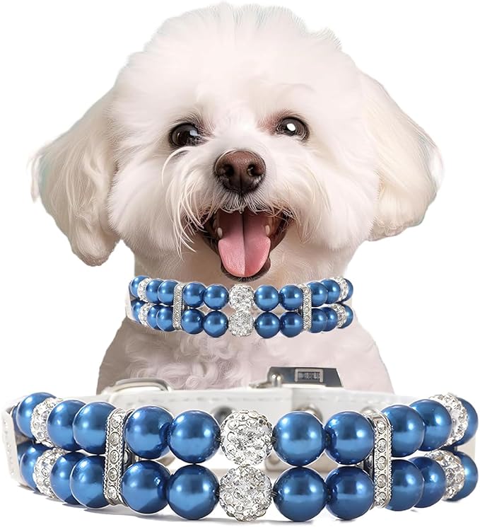 Blue Pearl Small Dog Collar, Pearl Cat Collar for Puppies PU Leather Male Dogs Necklace with Crystal Diamond Rhinestone Jewlled for Kitten XS Small Medium Dogs Wedding & Birthday Gift,S