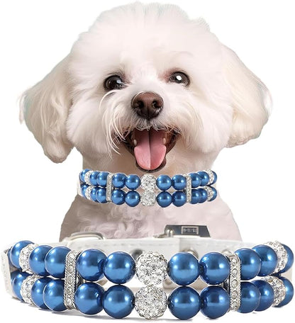 Beaded Dog Collar, Blue Pearl Cat Collar Cute PU Leather Boys Dog Necklace with Crystal Diamond Rhinestone Jewlled for Small Medium Dogs Wedding & Birthday Gift, L