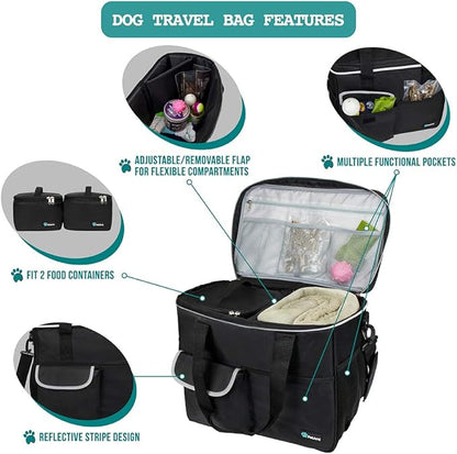 PetAmi Dog Travel Bag, Travel Pet Bag Organizer, Dog Food Travel Bag with Food Container and Bowls, Dog Travel Supplies Gift Accessories for Weekend Camping, Dog Cat Diaper Bag (Black, Large)