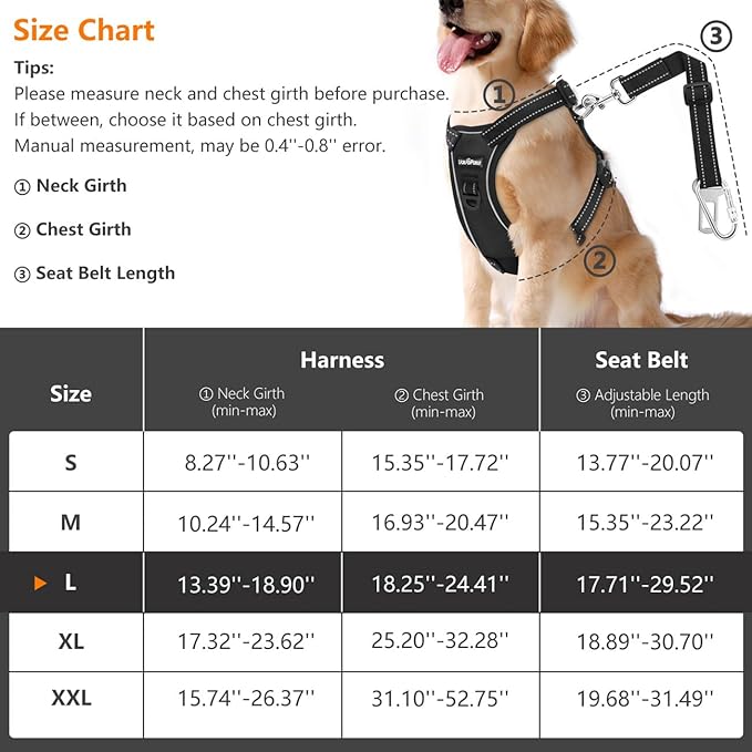 Dog Vehicle Safety Vest Harness, Adjustable Soft Padded Mesh Car Seat Belt Leash Harness with Reflective Strip Travel Strap and Carabiner for Most Cars, L Size, Carbon Black