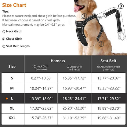 Dog Vehicle Safety Vest Harness, Adjustable Soft Padded Mesh Car Seat Belt Leash Harness with Reflective Strip Travel Strap and Carabiner for Most Cars, L Size, Carbon Black