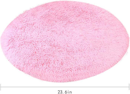 24 Inch Plush Dog Bed Mat Warm Fluffy Round Puppy Crate Pad with Anti-Slip Waterproof Bottom Soft Comfy Pet Kennel Mat for Small and Medium Dogs Sleeping(Pink)