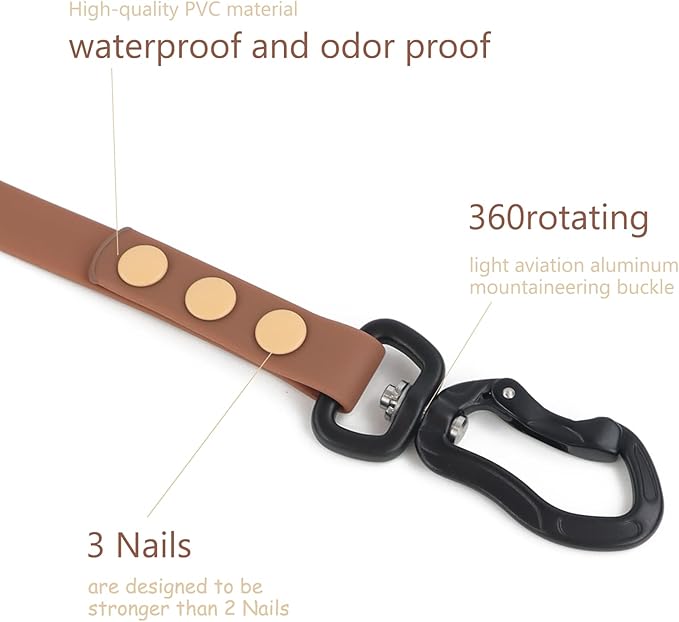 Waterproof Dog Leash Carabiner Leash for Dogs Soft 5ft*15mm*2.0mm Brown
