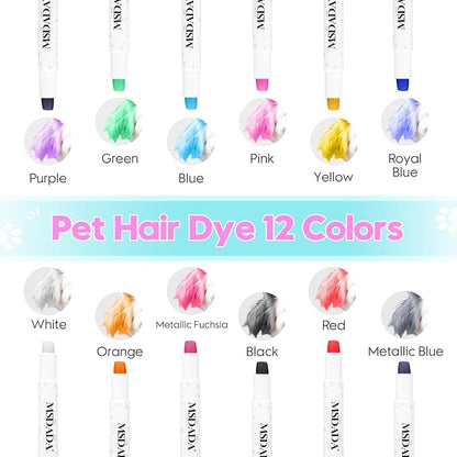 MSDADA 12 Color Washable Dog Hair Dye Paint Temporary Pet Fur Markers Safe Hair Color Crayons for Small to Large Boy & Girl Puppy Stuff Accessories