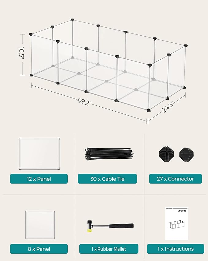 SONGMICS 20 Panels Pet Playpen with Floor, Small Animal Playpen, Pet Fence Indoor, DIY Plastic Enclosure for Guinea Pigs, Bunny, Hamsters, Hedgehogs, 49.2 x 24.8 x 16.5 Inches, White ULPC001W01