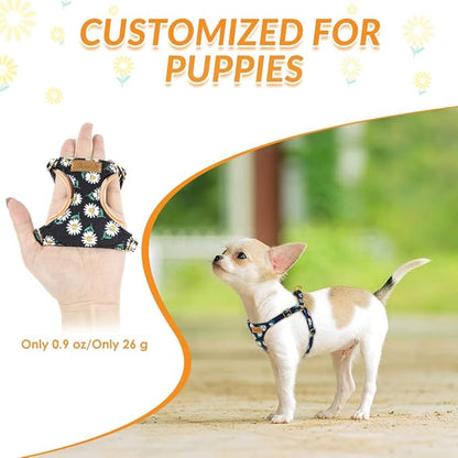 SlowTon No Pull Dog Harness with Leash - Soft Lightweight Floral Pattern Puppy Harness, Adjustable Pet Harness for Small Medium Dogs (Black Daisy M)