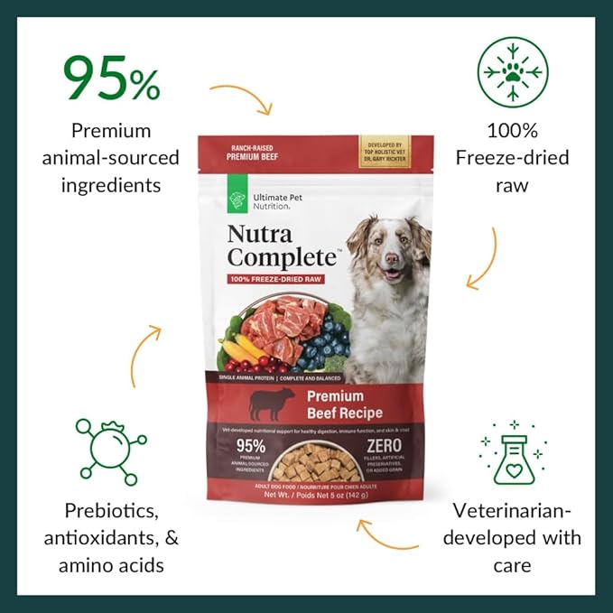 ULTIMATE PET NUTRITION Nutra Complete Raw Freeze Dried Dog Food, Veterinarian Formulated with Antioxidants, Prebiotics & Amino Acids (5 Ounce, Beef)