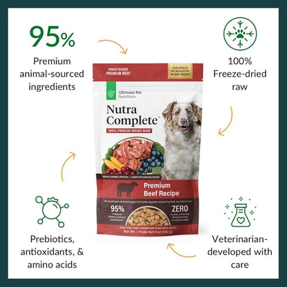 ULTIMATE PET NUTRITION Nutra Complete Raw Freeze Dried Dog Food, Veterinarian Formulated with Antioxidants, Prebiotics & Amino Acids (5 Ounce, Beef)