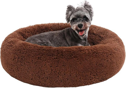 23" Calming Dog Bed,Anti Anxiety Donut Dog Bed,Plush Round Pet Beds for Small Dogs,Fluffy Faux Fur Cat Bed,Washable Cuddler Dog Bed(Brown,Small)