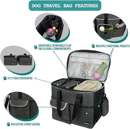 PetAmi Dog Travel Bag, Travel Pet Bag Organizer, Dog Food Travel Bag with Food Container and Bowls, Dog Travel Supplies Gift Accessories for Weekend Camping, Dog Cat Diaper Bag (Charcoal, Large)