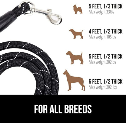 Gorilla Grip Dog Leash, Heavy Duty Reflective Rope Leashes for Large, Medium, Small Breed Dogs, Puppy Training Essential for Walks, Hikes, Soft Handle, Rotating Metal Clip, Waste Bag Dispenser, Black