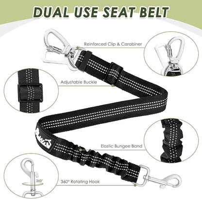 SlowTon Dog Seat Belt Harness for Car, Dog Car Harness Adjustable Mesh Breathable & Dog Seatbelt Safety Tether with Elastic Bungee for Small Medium Large Pets(Black, Double Clip, L)