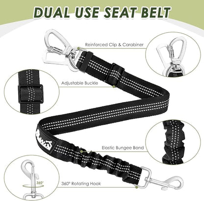 SlowTon Dog Seat Belt Harness for Car, Dog Car Harness Adjustable Mesh Breathable & Dog Seatbelt Safety Tether with Elastic Bungee for Small Medium Large Pets(Black, Double Clip, M)