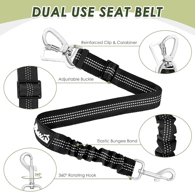 SlowTon Dog Seat Belt Harness for Car, Dog Car Harness Adjustable Mesh Breathable & Dog Seatbelt Safety Tether with Elastic Bungee for Small Medium Large Pets(Black, Double Clip, S)