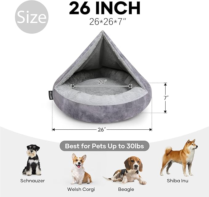 Cozy Soft Dog Bed with Hooded Blanket Warm Calming Cat Cave for Small Medium Dogs and Cats 26x26x7″