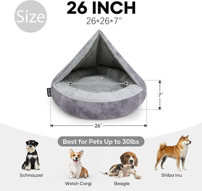 Cozy Soft Dog Bed with Hooded Blanket Warm Calming Cat Cave for Small Medium Dogs and Cats 26x26x7″