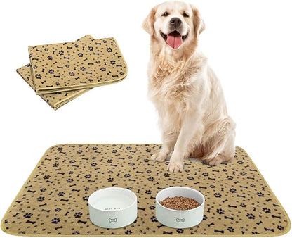 BINGPET Waterproof Dog Food Mat Non-Slip 2 Pcs,35.4" X 23.6" Anti-Slipextra Large Dog Food Mat for 2 Pack dog bowls,Absorbent Pet Feeding Mats Washable Pee Pads for Puppies Cats,Bone & Paw Pattern