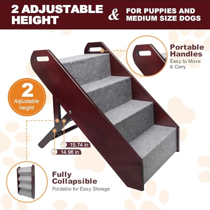 Wooden Dog Stairs to Bed, Folding 4-Step Pet Stair with Adjustable Hight Pet Steps for Couch, High Bed, Car Use (Mahogany)