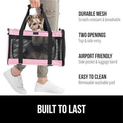 Gorilla Grip Airline Travel Cat Carrier Bag Up to 15 Lbs, Breathable Mesh Collapsible Pet Carriers for Small, Medium Cats, Small Dogs, Puppies, Portable Kennel with Soft Washable Waterproof Pad Pink