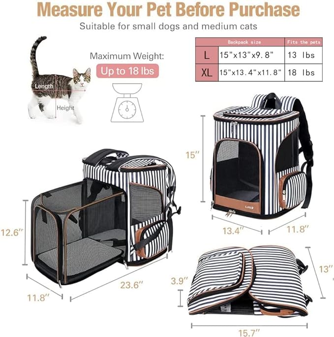 Lekereise Large Cat Backpack Expandable Pet Backpack Carrier for Small Medium Dogs Cats, Dog Carrier Backpack with Breathable Mesh and Inner Safety Leash, Striped