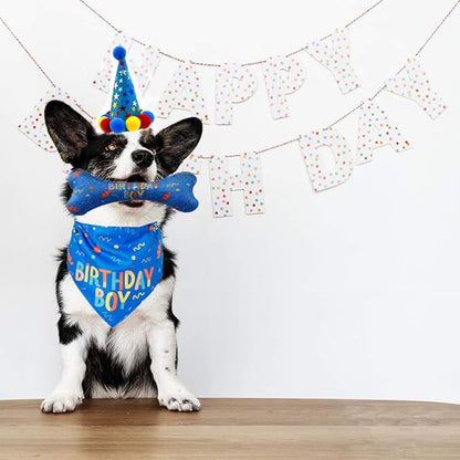 Dog Birthday Boy Bandana Hat Toy Set Pet Happy Birthday Party Supplies Triangle Bibs with Cute Bone Dog Birthday Scarf Accessories and Decoration for Doggy Large Dog – Blue