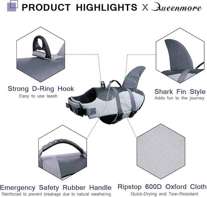 Queenmore Dog Life Jacket Ripstop Shark Dog Safety Vest Adjustable Preserver with High Buoyancy and Durable Rescue Handle for Small