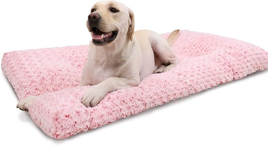 KSIIA Washable Dog Bed Deluxe Plush Dog Crate Beds Fulffy Comfy Kennel Pad Anti-Slip Pet Sleeping Mat for Large 35" x 23", Pink