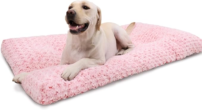 KSIIA Washable Dog Bed Deluxe Plush Dog Crate Beds Fulffy Comfy Kennel Pad Anti-Slip Pet Sleeping Mat for Large 41" x 27", Pink
