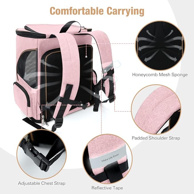 Lekereise Pet Carrier Backpack Expandable Cat Backpack Carrier for Small Dogs Large Cats Puppies, Dog Backpack Carrier for Hiking Travel Outdoor Hold Pets Up to 20 25 Lbs, Pink