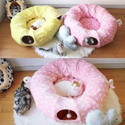 AUOON Cat Tunnel Bed with Central Mat,Big Tube Playground Toys,Soft Plush Material,Full Moon Shape for Kitten,Cat,Puppy,Rabbit,Ferret,Yellow