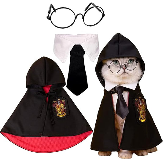 Cat Costumes 3 Piece Set with Glasses and Neckties, Cat Dog Cosplay Costume Set, Perfect for Party and Gifts for Cat Dog (Red&Black, Large)