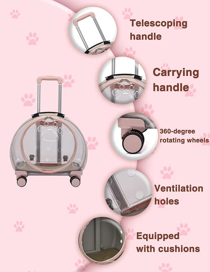 Cat Carrier with Wheels, Acrylic Rolling Cat Carrier with Retractable Pull Rods and Swivel Wheels, Comfortable and Breathable Pet Carrier with Wheels for Small Pets Kittens Dogs Rabbits(Light Pink)