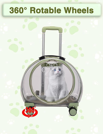 Cat Carrier with Wheels, Acrylic Rolling Cat Carrier, Retractable Pull Rods and Swivel Wheels, Comfortable and Breathable Pet Trolley Case Pet Carrier for Small Pets Kittens Dogs Rabbits(Light Green)