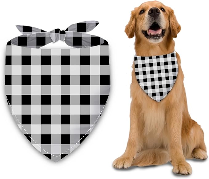 Black White Grid Dog Bandana Washable Pets Scarf Triangle Adjustable Handkerchief