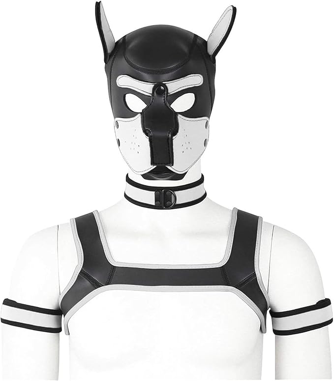 4 Sets Neoprene Puppy Hood Animal Head Mask Novelty Costume Dog (Hood Mask + Collar + Armband + Harness) (X-Large, White)