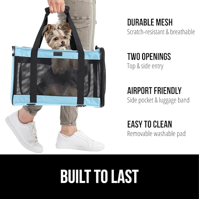 Gorilla Grip Airline Travel Cat Carrier Bag Up to 15 Lbs, Breathable Mesh Collapsible Pet Carriers for Small, Medium Cats, Small Dogs, Puppies, Portable Kennel with Soft Washable Waterproof Pad, Blue