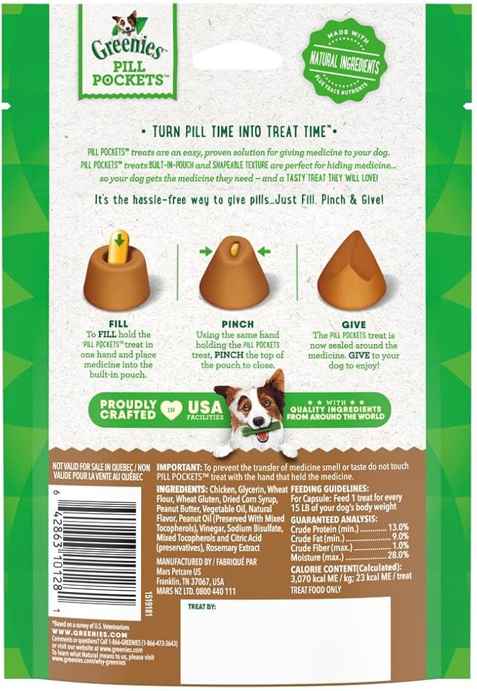 Greenies Pill Pockets for Dogs Capsule Size Natural Soft Dog Treats with Real Peanut Butter, (6) 7.9 oz. Packs (180 Treats)