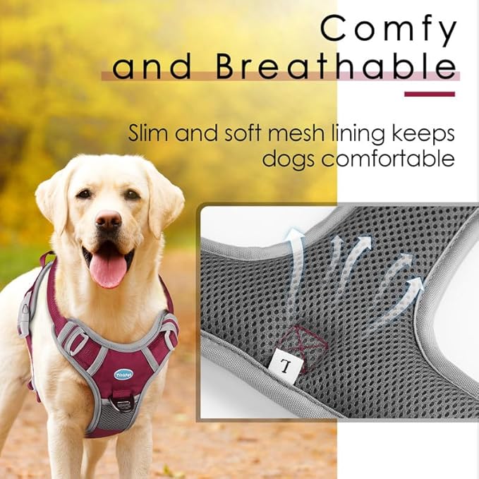 ThinkPet No Pull Harness Breathable Sport Harness with Handle-Dog Harnesses Reflective Adjustable for Medium Large Dogs,Back/Front Clip for Easy Control XL Dark Red