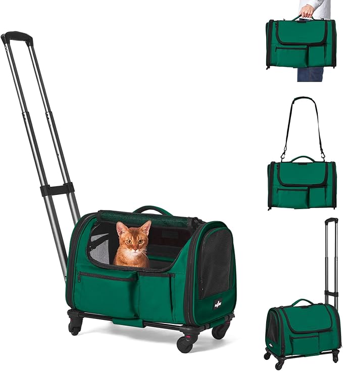 Cat Carrier with Wheels, Foldable Airline Approved Dog Cat Carrier with Wheels for Cat Dog Under 20 lbs, Rolling Cat Carrier Travel Bag with Telescopic Handle for Walking Travel Vet Visits