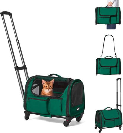 Cat Carrier with Wheels, Foldable Airline Approved Dog Cat Carrier with Wheels for Cat Dog Under 20 lbs, Rolling Cat Carrier Travel Bag with Telescopic Handle for Walking Travel Vet Visits