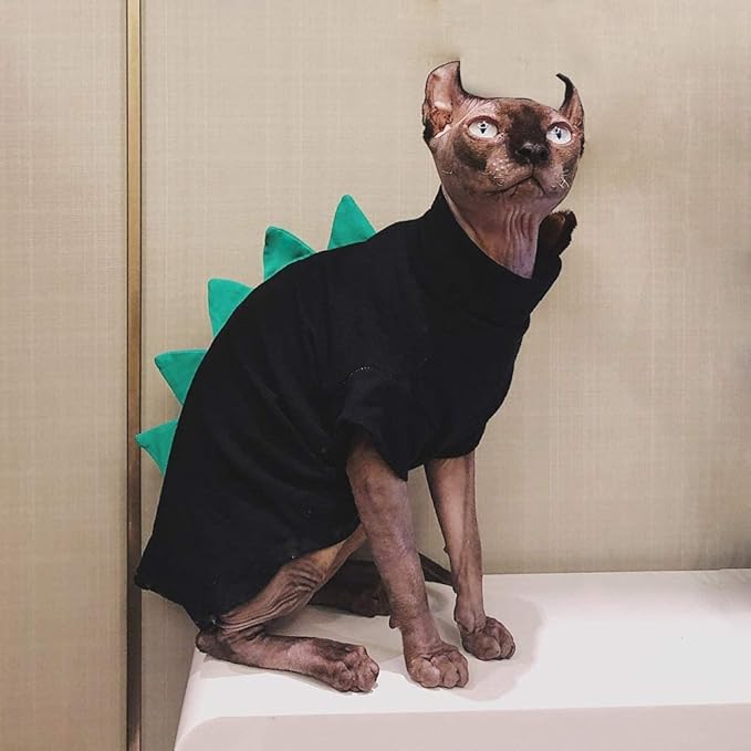 Dinosaur Design Sphynx Hairless Cat Clothes Cute Breathable Summer Cotton Shirts Cat Costume Pet Clothes (6-8.8 lbs),