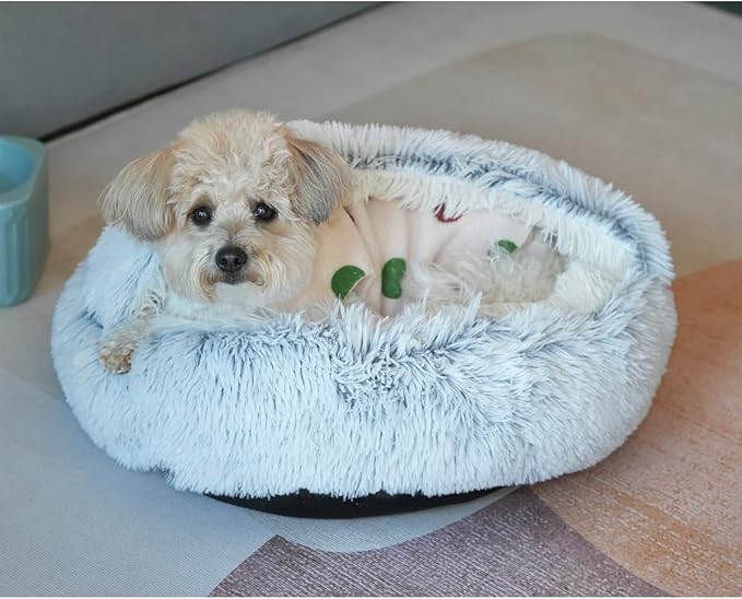 Calming Pet Bed for Small Dog Cat with Hooded Cover Round Beds for Small Medium Pets Anti-Slip Faux Fluff Coved Bed for Improved Sleep (grey 19.6 * 19.6 in)