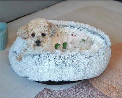 Calming Pet Bed for Small Dog Cat with Hooded Cover Round Beds for Small Medium Pets Anti-Slip Faux Fluff Coved Bed for Improved Sleep (grey 19.6 * 19.6 in)