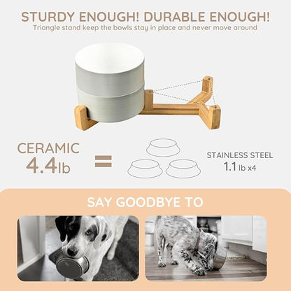 SPUNKYJUNKY Ceramic Dog and Cat Bowl Set with Wooden Stand, Modern Cute Weighted Food Water Bowl Set for Medium Size Dogs (3.6 Cups, 2 × Light Grey-White)