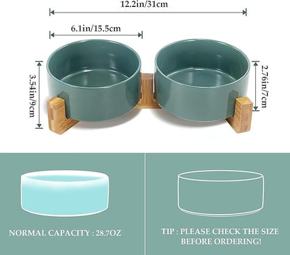 SPUNKYJUNKY Ceramic Dog and Cat Bowl Set with Wooden Stand, Modern Cute Weighted Food Water Set for Small Size Dogs (13.5OZ) & Medium Sized Dogs (28.7OZ) & Cats (3.6 Cups, 2 × Light Green)