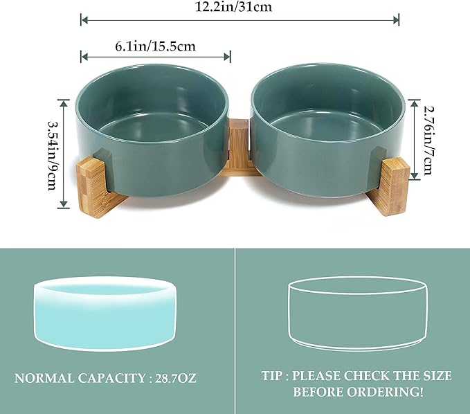 SPUNKYJUNKY Ceramic Dog and Cat Bowl Set with Wooden Stand, Modern Cute Weighted Food Water Set for Small Size Dogs (13.5OZ) & Medium Sized Dogs (28.7OZ) & Cats (3.6 Cups, 2 × Light Green)